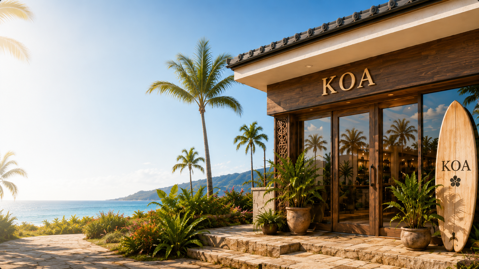 KOA Hair Salon 外観 ヤシの木とハワイアンな雰囲気
