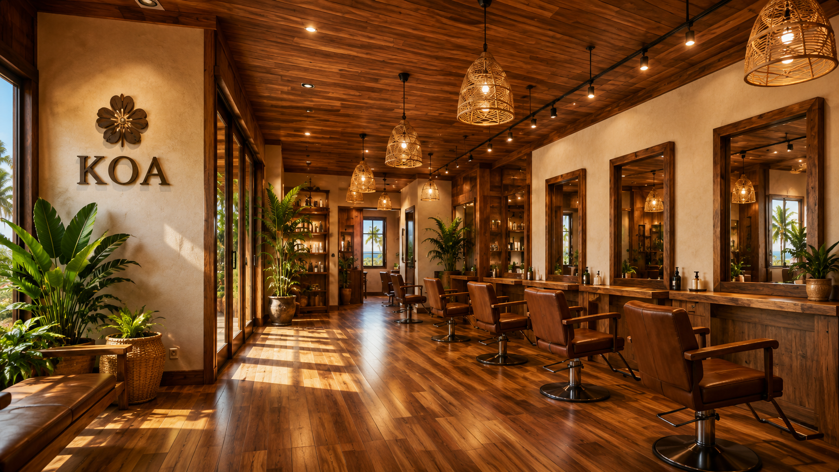 KOA Hair Salon 内装 ウッドベースのハワイアンな空間
